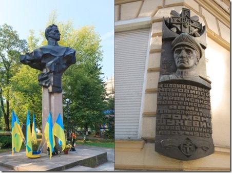Roman Shukhevych monument en de stad Krakovets, rechts het bas-relief aan Shukhevych’s geboortehuis in Lviv